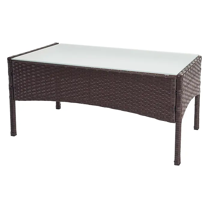 3-2-1-1 Poly-Rattan Garten-Garnitur | Lounge-Set Sitzgruppe Sofa | Braun-Meliert | Kissen Creme -  - Rechteckiger Outdoor-Couchtisch mit braunem Polyrattan-Gestell und Milchglasplatte.
