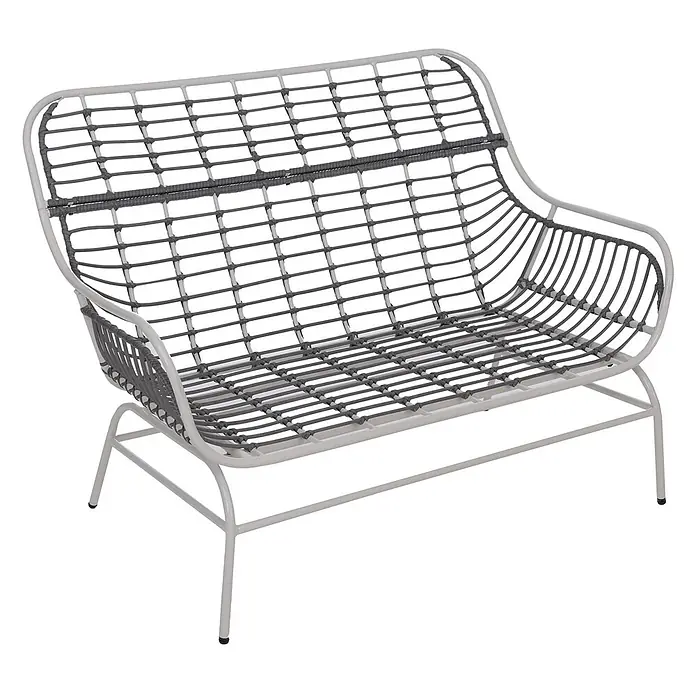 Lounge-Set | Gartengarnitur Sofa Sitzgruppe | Stoff 220g/m2 Poly-Rattan Metall | Hellgrau | Polster Beige -  - Zweisitzer-Gartenbank mit hellgrauem Metallrahmen und dunkelgrauer geflochtener Sitzfläche und Rückenlehne.