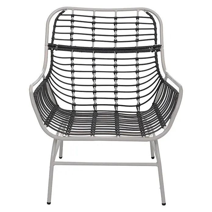 Lounge-Set | Gartengarnitur Sofa Sitzgruppe | Stoff 220g/m2 Poly-Rattan Metall | Hellgrau | Polster Beige -  - Moderner Loungesessel mit hellgrauem Metallgestell und dunkelgrauer geflochtener Sitz- und Rückenfläche.