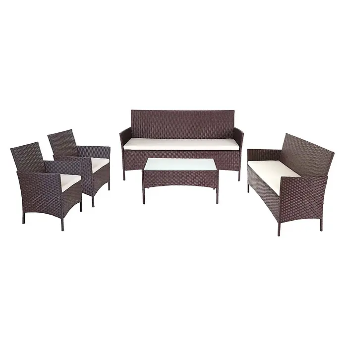 3-2-1-1 Poly-Rattan Garten-Garnitur | Lounge-Set Sitzgruppe Sofa | Braun-Meliert | Kissen Creme -  - Fünfteiliges dunkelbraunes Polyrattan-Gartenset mit cremefarbenen Kissen, zwei Sessel, zwei Sofas und einem Couchtisch mit Glasplatte.