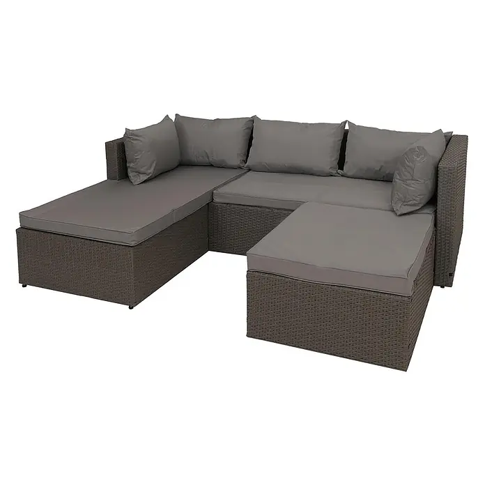 Poly-Rattan Garnitur | Balkon-/Garten-/Lounge-Set Sofa Sitzgruppe | Grau | Polster Hellgrau -  - Graues Rattan-Ecksofa für die Terrasse mit dunkelgrauen Kissen.