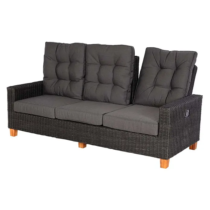 Mendler Loungemöbel-Set HWC-G28 - 4 -tlg., Polyrattan, Anthrazit, Kissen grau, Anthrazit, Kissen grau - Dunkelgraues 3-Sitzer Rattan-Gartensofa mit passenden Kissen und Holzfüßen. Eine Rückenlehne ist geneigt.