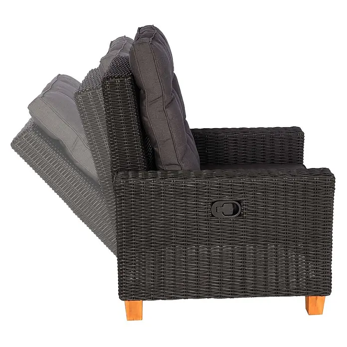 Mendler Loungemöbel-Set HWC-G28 - 4 -tlg., Polyrattan, Anthrazit, Kissen grau, Anthrazit, Kissen grau - Schwarzer Polyrattan-Gartensessel mit grauen Kissen, aufrecht und zurückgelehnt dargestellt.