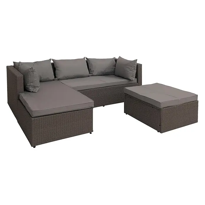 Poly-Rattan Garnitur | Balkon-/Garten-/Lounge-Set Sofa Sitzgruppe | Grau | Polster Hellgrau -  - Dunkelbraunes Rattan L-förmiges Gartensofa mit grauen Kissen und passendem Ottoman.