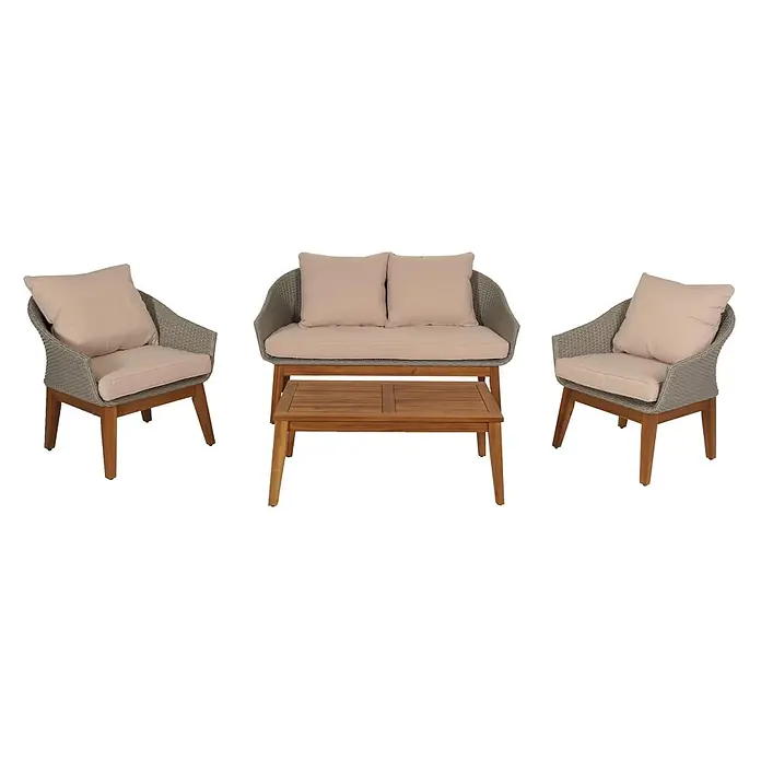 Gartengarnitur | Garten-/Lounge-Set Sofa Sitzgruppe | Poly-Rattan Holz Akazie | Grau | Kissen Beige -  - Gartenmöbel-Set: zwei graue Rattansessel, ein Zweisitzer-Sofa mit beigen Kissen und ein Holztisch.