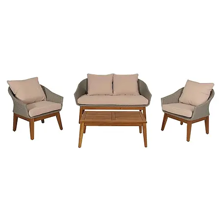Gartengarnitur | Garten-/Lounge-Set Sofa Sitzgruppe | Poly-Rattan Holz Akazie | Grau | Kissen Beige