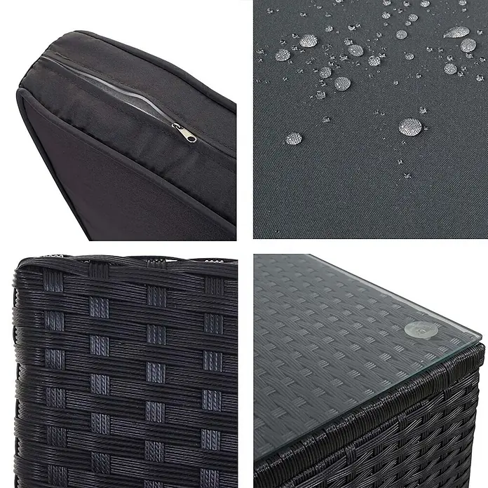 Mendler Loungemöbel-Set HWC-D21 - 7 -tlg., Polyrattan, Anthrazit, Kissen dunkelgrau, Anthrazit, grau - Nahaufnahme eines Gartenmöbel-Sets mit dunkelgrauen, wasserabweisenden Kissenbezügen mit Reißverschlüssen, schwarzem Polyrattan-Geflecht und einer Glasplatte.