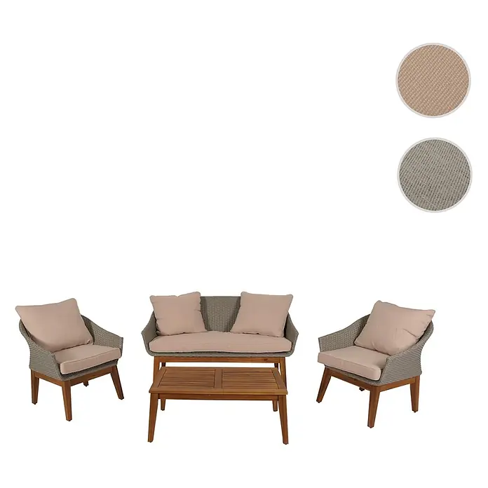 Gartengarnitur | Garten-/Lounge-Set Sofa Sitzgruppe | Poly-Rattan Holz Akazie | Grau | Kissen Beige -  - 4-teiliges Outdoor-Gartenmöbelset aus Rattan und Holz mit beigen Kissen: zwei Sessel, ein Zweisitzer-Sofa und ein Couchtisch.