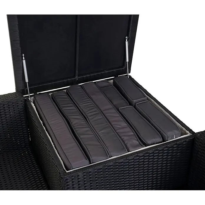 Poly-Rattan-Garnitur | Balkon-/Garten-/Lounge-Set Sofa Sitzgruppe | Box Staufach | Anthrazit | Kissen Dunkelgrau -  - Schwarze Rattan-Aufbewahrungsbox mit geöffnetem Deckel, der dunkelgraue Kissen zeigt. Gasdruckfedern stützen den Deckel.