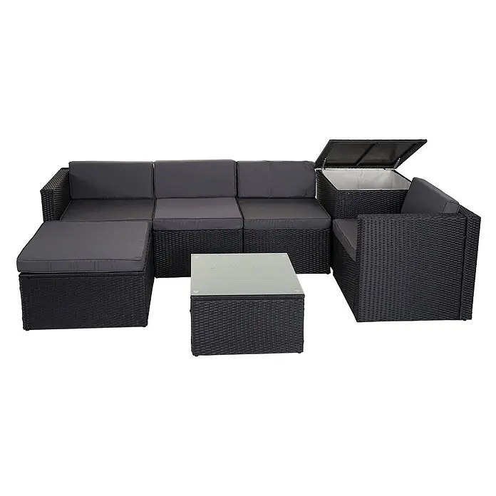 Poly-Rattan-Garnitur | Balkon-/Garten-/Lounge-Set Sofa Sitzgruppe | Box Staufach | Anthrazit | Kissen Dunkelgrau -  - Schwarzes Rattan-Gartenset mit dunkelgrauen Kissen, einem Stauraummodul und einem Couchtisch mit Glasplatte.