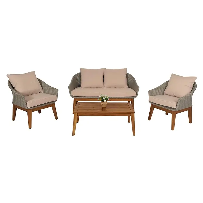 Gartengarnitur | Garten-/Lounge-Set Sofa Sitzgruppe | Poly-Rattan Holz Akazie | Grau | Kissen Beige -  - Ein 4-teiliges Outdoor-Set: zwei hellgraue Rattansessel, ein passendes 2-Sitzer-Sofa mit beigen Kissen und ein Holztisch.