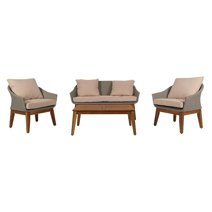 Gartengarnitur | Garten-/Lounge-Set Sofa Sitzgruppe | Poly-Rattan Holz Akazie | Grau | Kissen Beige -  - Outdoor-Sitzgruppe: zwei graubeige Sessel, passendes Zweisitzer-Sofa und Couchtisch mit hellbeigen Kissen und Holzbeinen.