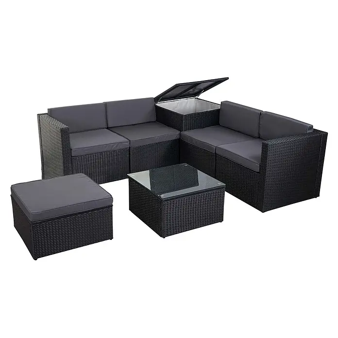 Mendler Loungemöbel-Set HWC-D21 - 7 -tlg., Polyrattan, Anthrazit, Kissen dunkelgrau, Anthrazit, grau - Schwarzes Rattan-Effekt Garten-Ecksofa-Set mit dunkelgrauen Kissen, Aufbewahrungseinheit, Glastisch und Hocker.