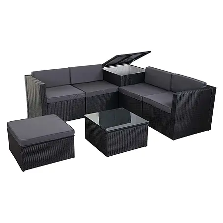 Poly-Rattan-Garnitur | Balkon-/Garten-/Lounge-Set Sofa Sitzgruppe | Box Staufach | Anthrazit | Kissen Dunkelgrau