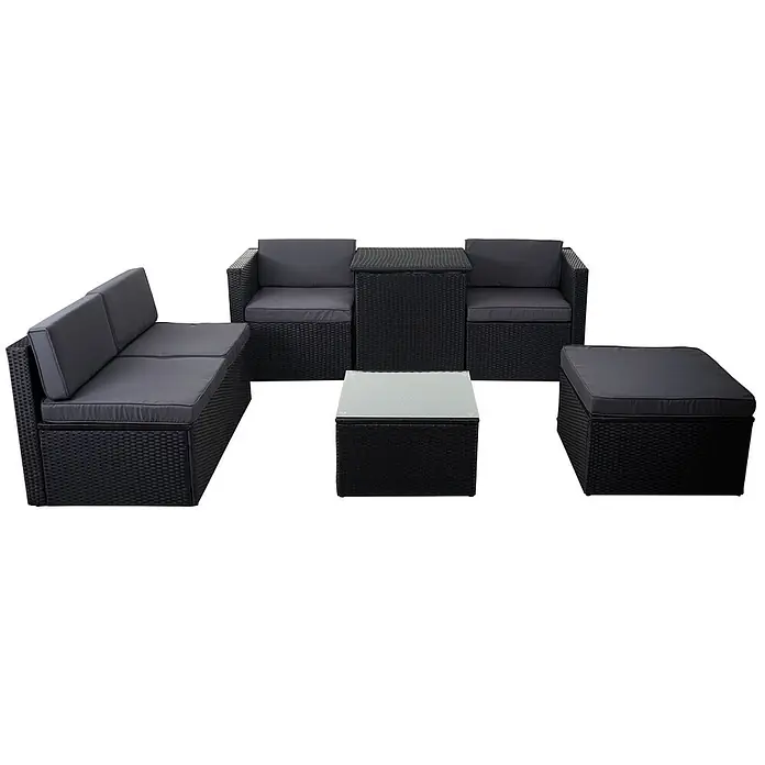 Poly-Rattan-Garnitur | Balkon-/Garten-/Lounge-Set Sofa Sitzgruppe | Box Staufach | Anthrazit | Kissen Dunkelgrau -  - Schwarzes Rattan-Gartenmöbelset mit dunkelgrauen Kissen: Ecksofa, zwei Sessel, Stauraum, Couchtisch, Ottoman.