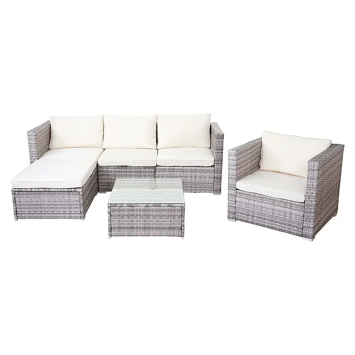 Mendler Loungemöbel-Set - 6 -tlg., Polyrattan, Grau, Kissen creme, Grau - Graues Rattan-Gartenmöbelset mit weißen Kissen: L-Sofa, Sessel und Couchtisch mit Glasplatte.
