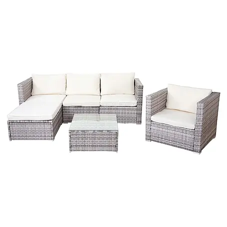 Poly-Rattan-Garnitur | Gartengarnitur Sitzgruppe Sofa Lounge-Set | Grau | Kissen Creme