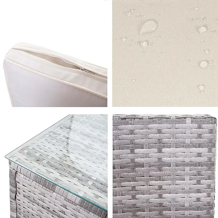 Mendler Loungemöbel-Set - 6 -tlg., Polyrattan, Grau, Kissen creme, Grau - Nahaufnahmen von Gartenmöbeln: graues Geflecht, Glasplatte und cremefarbene Kissen mit wasserabweisendem Stoff und Reißverschluss.
