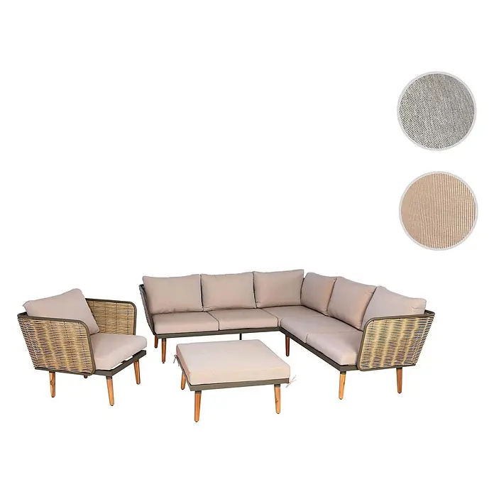 Gartengarnitur | Garnitur Lounge-Set Sofa Outdoor | Spun Poly Metall Poly-Rattan MVG-zertifiziert | Hellgrau -  - Gartenmöbel-Set mit Ecksofa, Sessel und Hocker. Mit geflochtenen Rattan-Akzenten, dunklen Gestellen, hellen Polstern und Holzbeinen.