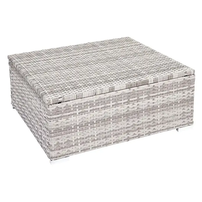 Mendler Loungemöbel-Set - 6 -tlg., Polyrattan, Grau, Kissen creme, Grau - Rechteckige hellgraue Weiden-Aufbewahrungsbox mit flachem Deckel.