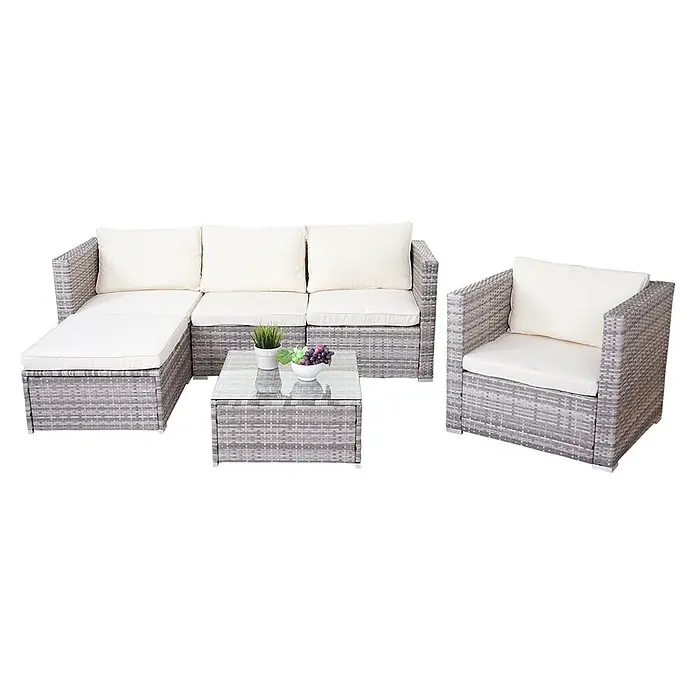 Poly-Rattan-Garnitur | Gartengarnitur Sitzgruppe Sofa Lounge-Set | Grau | Kissen Creme -  - Graues Rattan-Gartenmöbelset mit cremefarbenen Kissen, bestehend aus Ecksofa, Sessel und Couchtisch mit Glasplatte.