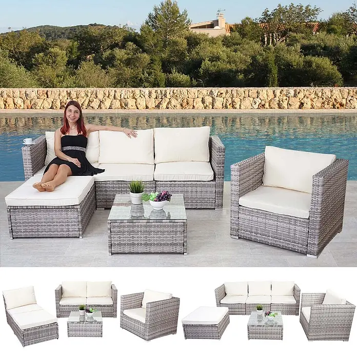 Poly-Rattan-Garnitur | Gartengarnitur Sitzgruppe Sofa Lounge-Set | Grau | Kissen Creme -  - Modulares graues Rattan-Gartenmöbelset mit cremefarbenen Kissen am Pool, mit einer darauf entspannenden Frau und weiteren Konfigurationen.