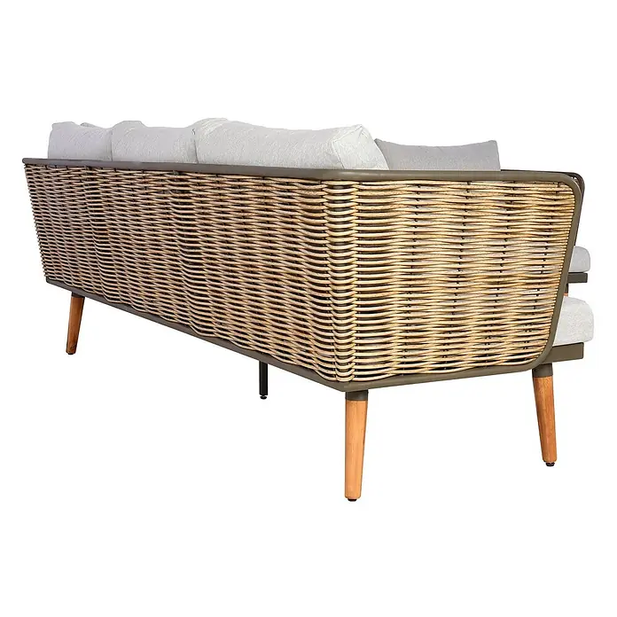 Gartengarnitur | Garnitur Lounge-Set Sofa Outdoor | Spun Poly Metall Poly-Rattan MVG-zertifiziert | Hellgrau -  - Outdoor-Sofa mit geflochtener Rattan-Rückenlehne, hellen Polstern, olivfarbenem Rahmen und Holzbeinen.