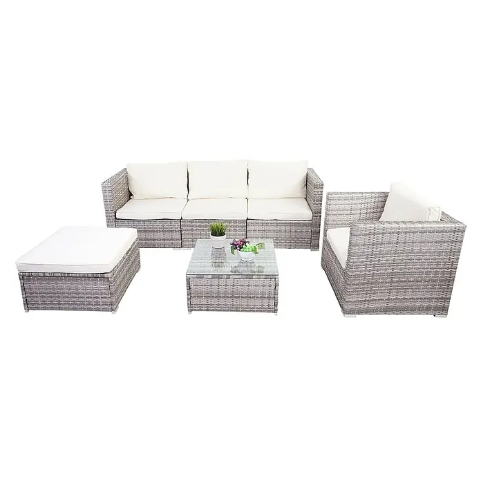 Poly-Rattan-Garnitur | Gartengarnitur Sitzgruppe Sofa Lounge-Set | Grau | Kissen Creme -  - 5-teiliges graues Rattan-Gartensofa-Set mit cremefarbenen Kissen, bestehend aus Sofa, Sessel, Ottomane und Couchtisch mit Glasplatte.