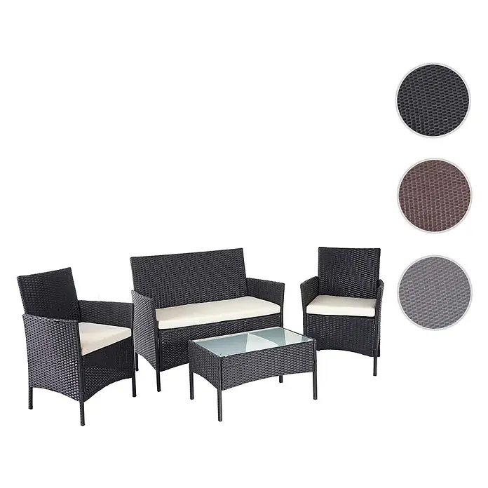Poly-Rattan Garten-Garnitur | Sitzgruppe Lounge-Set | Braun-Meliert | Kissen Creme -  - Dunkle Rattan-Gartenmöbel-Garnitur mit Zweisitzer-Sofa, zwei Sesseln und Couchtisch mit Glasplatte, alle mit cremefarbenen Kissen.