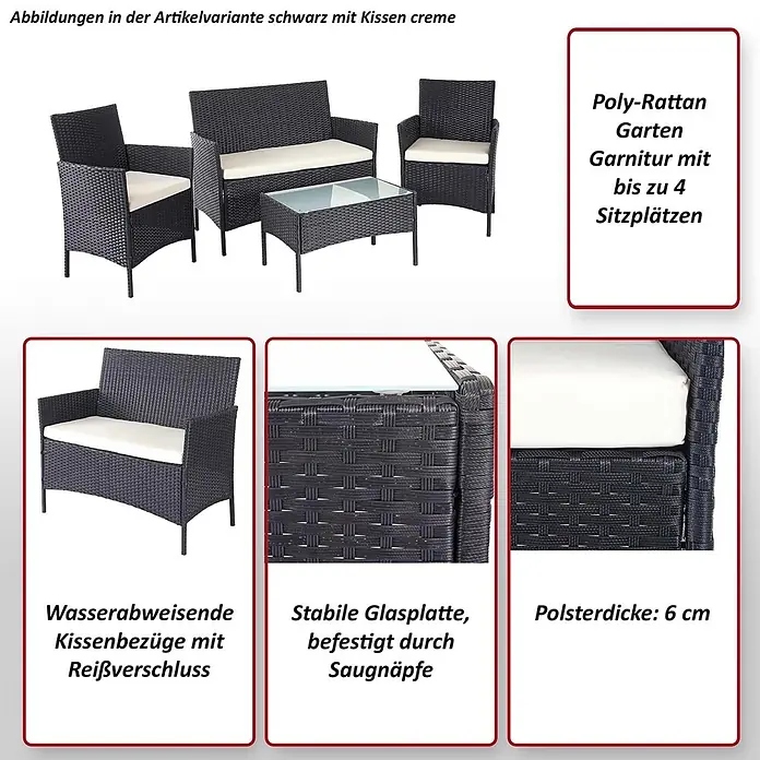 Poly-Rattan Garten-Garnitur | Sitzgruppe Lounge-Set | Braun-Meliert | Kissen Creme -  - Poly-Rattan Gartenmöbel-Set in Schwarz mit cremefarbenen Kissen für bis zu 4 Personen, inklusive Tisch.