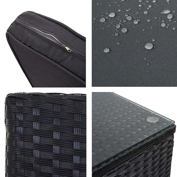 Mendler Poly-Rattan-Garnitur HWC-D24 - anthrazit, Polster dunkelgrau -  - Nahaufnahmen von schwarzen Polyrattan-Gartenmöbeln: wasserabweisende dunkelgraue Kissen mit Reißverschluss und Rattantisch mit Glasplatte.