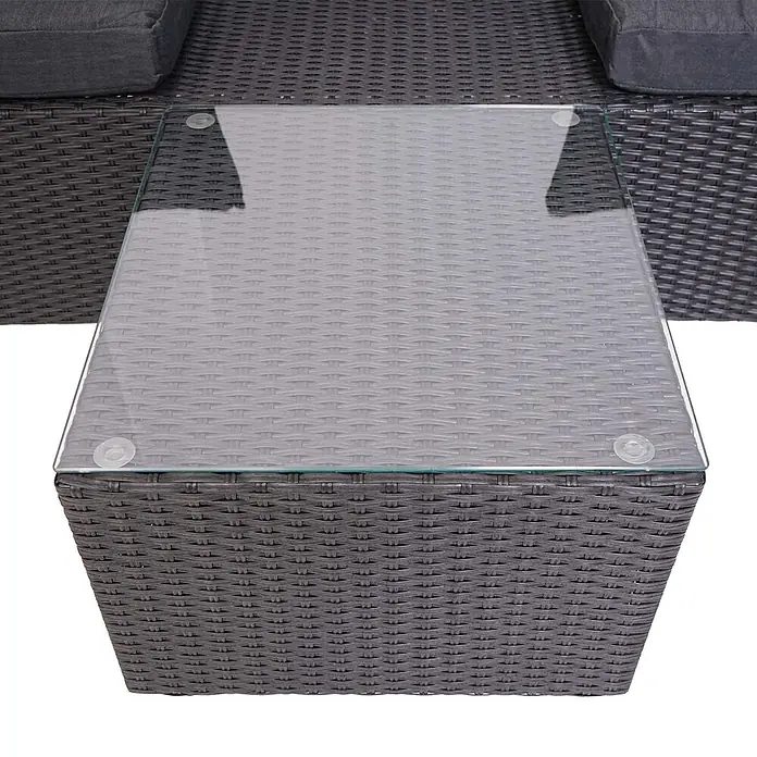 Mendler Loungemöbel-Set HWC-J37 - 4 -tlg., Rattan, Anthrazit, Kissen dunkelgrau, Anthrazit - Dunkelgrauer Gartentisch aus Polyrattan mit einer klaren Glasplatte, gesichert durch transparente Saugnäpfe.