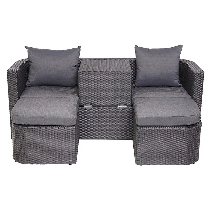 3in1-Garnitur | Garten-/Lounge-Set Sonneninsel | Spun Poly Poly-Rattan MVG | Anthrazit | Kissen Dunkelgrau -  - Grau-meliertes Rattan-Sofa für zwei Personen mit zentralem Stauraumtisch und passenden Kissen.
