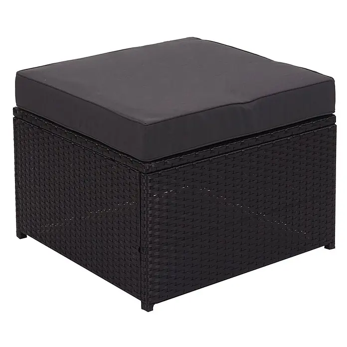 Poly-Rattan-Garnitur | Balkon-/Garten-/Lounge-Set Sitzgruppe Sofa | Staufach | Schwarz | Kissen Dunkelgrau -  - Schwarzer Rattan-Hocker für den Außenbereich mit dunkelgrauem Kissen.