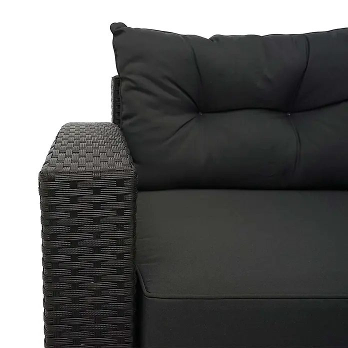 Poly-Rattan-Garnitur | Balkon-/Garten-/Lounge-Set Sitzgruppe Sofa | Staufach | Schwarz | Kissen Dunkelgrau -  - Schwarze Rattan-Armlehne und schwarze Stoffkissen eines Gartensofas.