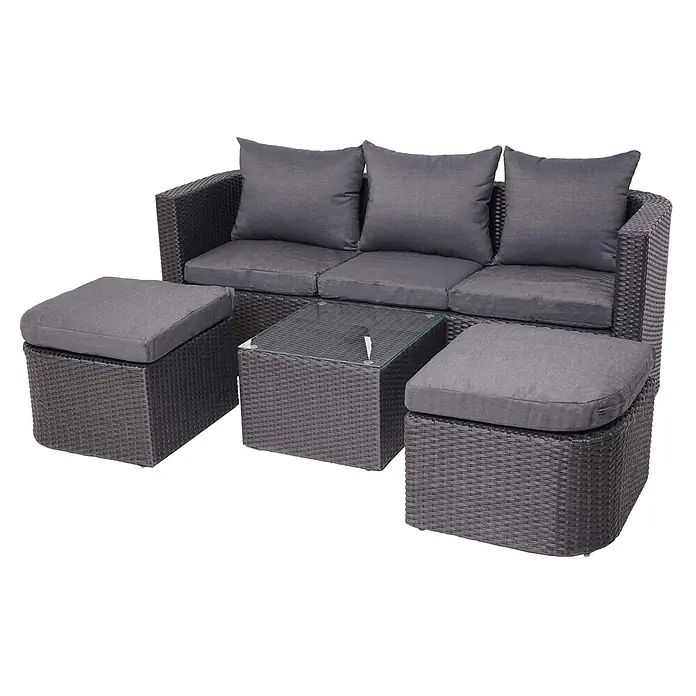 Mendler Loungemöbel-Set HWC-J37 - 4 -tlg., Rattan, Anthrazit, Kissen dunkelgrau, Anthrazit - Dunkelgraue Polyrattan-Gartenmöbelgarnitur mit einem Dreisitzer-Sofa, zwei Hockern und einem Couchtisch mit Glasplatte.