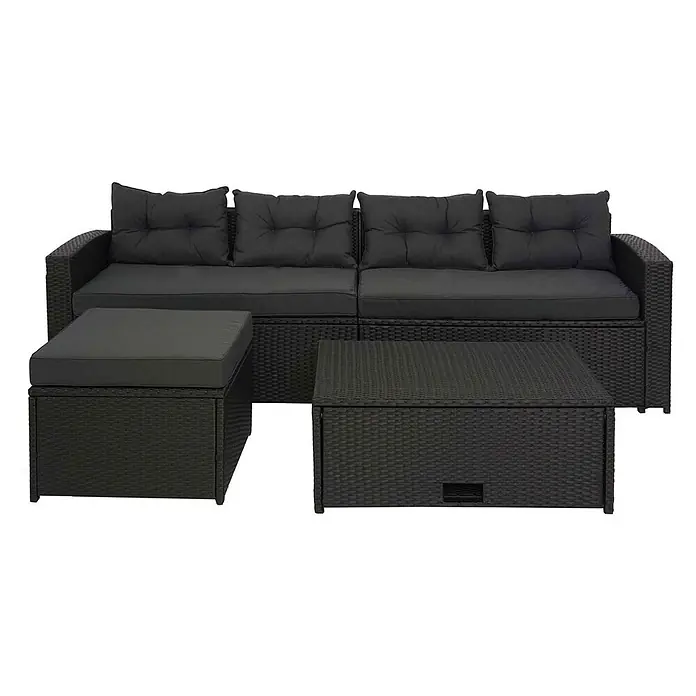 Poly-Rattan-Garnitur | Balkon-/Garten-/Lounge-Set Sitzgruppe Sofa | Staufach | Schwarz | Kissen Dunkelgrau -  - Dunkelgraue Rattan-Gartenlounge mit Kissen, Hocker und passendem Couchtisch.