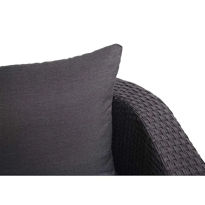 Mendler Loungemöbel-Set HWC-J37 - 4 -tlg., Rattan, Anthrazit, Kissen dunkelgrau, Anthrazit - Dunkelgraues Stoffkissen an einer dunkelbraunen geflochtenen Korbsessel-Armlehne.