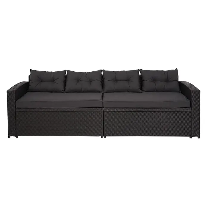 Poly-Rattan-Garnitur | Balkon-/Garten-/Lounge-Set Sitzgruppe Sofa | Staufach | Schwarz | Kissen Dunkelgrau -  - Schwarzes Rattan-Gartensofa mit dunkelgrauen Kissen.