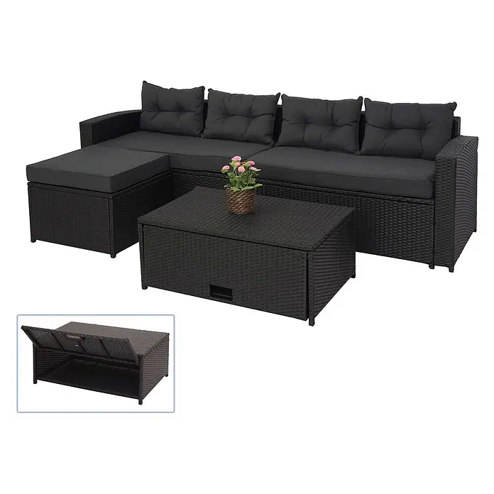 Poly-Rattan-Garnitur | Balkon-/Garten-/Lounge-Set Sitzgruppe Sofa | Staufach | Schwarz | Kissen Dunkelgrau -  - Schwarze Rattan-L-förmige Outdoor-Sitzgruppe mit dunkelgrauen Kissen und passendem rechteckigem Couchtisch mit Stauraum.