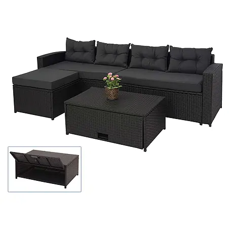 Mendler Poly-Rattan Garnitur HWC-J34 Staufach - schwarz, Kissen dunkelgrau