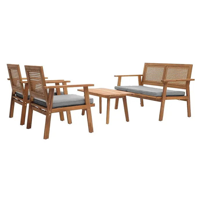 Mendler Loungemöbel-Set HWC-N46 - 4 -tlg., Massivholz, Kissen grau, Grau - Gartenlounge-Set aus Holz mit zwei Stühlen, einer Bank, Couchtisch und grauen Kissen. Mit geflochtenen Rückenlehnen.