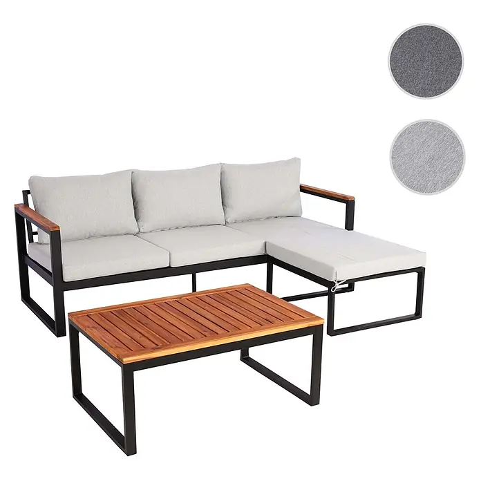 Mendler Loungemöbel-Set HWC-L26 - 3 -tlg., Textil, Hellgrau, Helllgrau - Outdoor-Ecksofa mit hellgrauen Kissen, schwarzem Metallrahmen und Holzarmlehnen, dazu ein passender Couchtisch.
