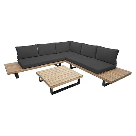 Garten-Garnitur | Garnitur Sitzgruppe Lounge-Set | Spun Poly Akazie Holz FSC® Alu | Hellbraun | Polster Dunkelgrau