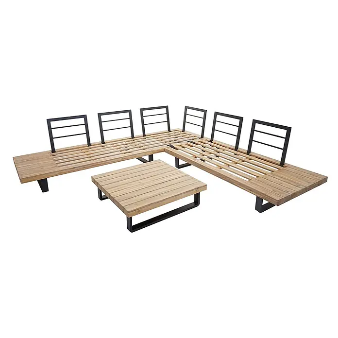 Garten-Garnitur | Garnitur Sitzgruppe Lounge-Set | Spun Poly Akazie Holz FSC® Alu | Hellbraun | Polster Hellgrau -  - Modulares Outdoor-Lounge-Set mit Couchtisch, hellen Holzlatten und schwarzen Metallrahmen.
