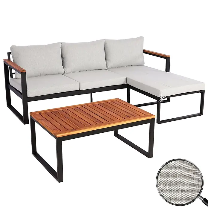 Garten-Garnitur | Gartenlounge Sitzgruppe Lounge-Set Sofa | Aluminium Akazie Holz MVG-zertifiziert | Hellgrau -  - Outdoor-Lounge-Set mit schwarzem Metallgestell, Holzarmlehnen/-tischplatte und hellgrauen Kissen.