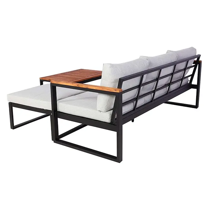 Mendler Loungemöbel-Set HWC-L26 - 3 -tlg., Textil, Hellgrau, Helllgrau - Outdoor-Sofa mit schwarzem Metallrahmen, hellgrauen Kissen und Holzarmlehnen sowie Beistelltisch.