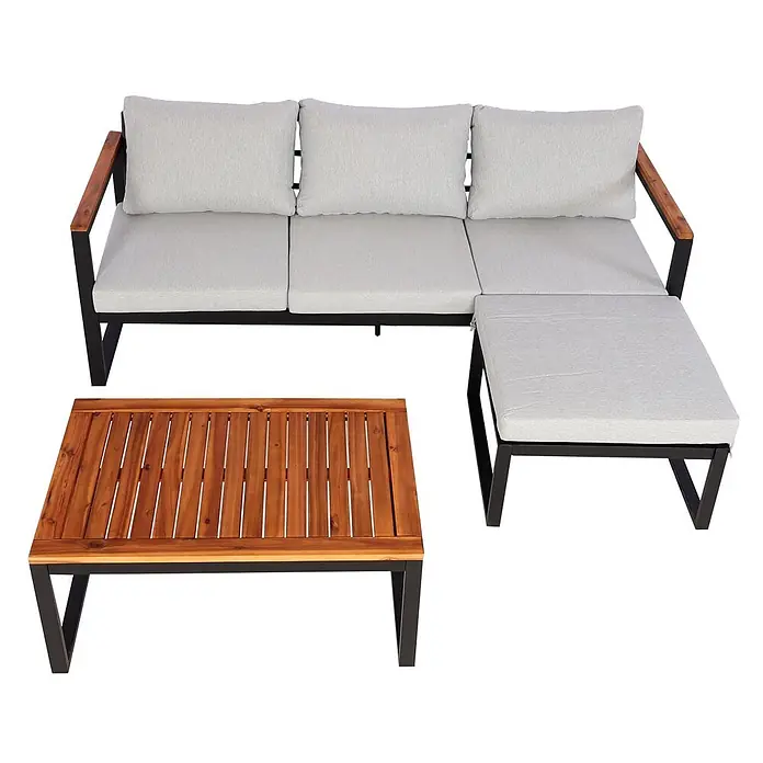 Garten-Garnitur | Gartenlounge Sitzgruppe Lounge-Set Sofa | Aluminium Akazie Holz MVG-zertifiziert | Hellgrau -  - Outdoor-Sitzgruppe mit hellgrauen Kissen, dunklem Gestell, Holzarmlehnen und passendem Latten-Couchtisch.