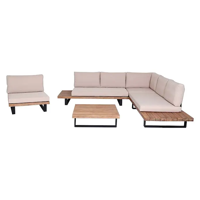 Garten-Garnitur mit Sessel | Lounge-Set Sofa | Spun Poly Akazie Holz FSC® Aluminium | Hellbraun | Polster Beige -  - Outdoor-Lounge-Set aus hellem Holz, beigen Kissen und schwarzen Metallbeinen, inklusive Ecksofa, Sessel und Couchtisch.
