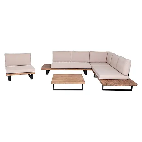 Garten-Garnitur mit Sessel | Lounge-Set Sofa | Spun Poly Akazie Holz FSC® Aluminium | Hellbraun | Polster Beige